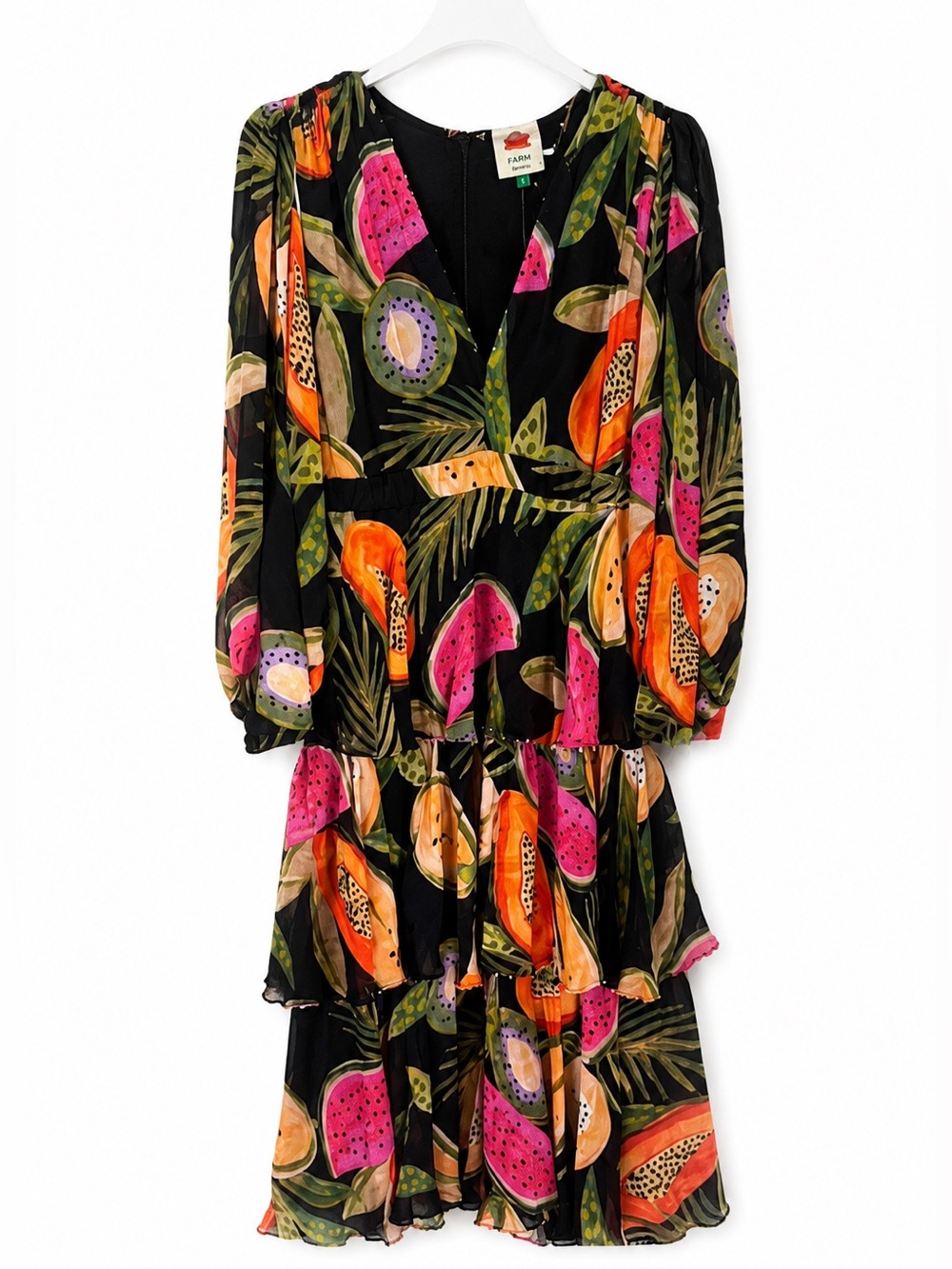 FARM Rio Colorful Fruit Balloon Sleeve Tiered Beaded Dress NWT